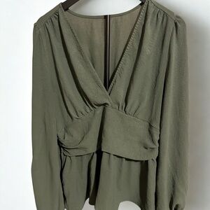 Olive Green Ruched Waist Peplum Blouse – Size XL